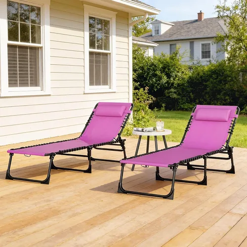 Vista 8 de Folding Chaise Lounge Set (2): Purple, 4-Position Recliner, Breathable Mesh & Bungee Suspension, Powder-Coated Steel, 74.5" L