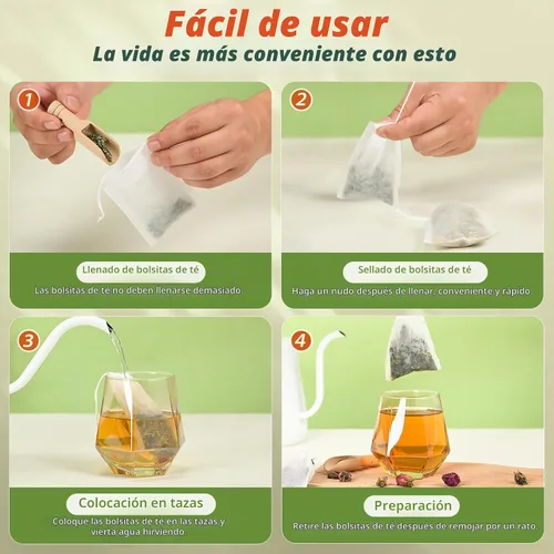 Vista 6 de 100 bolsas de té desechables para té de hojas sueltas, bolsas de filtro de té vacías con cordón de algodón, bolsitas infusoras de té rellenables