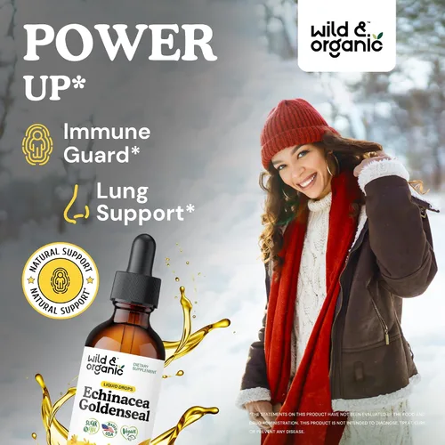Vista 2 de Wild & Organic Echinacea Goldenseal - Suplemento de apoyo inmunológico con extracto de raíz de equinácea de sello dorado, tintura vegana, sin azúcar