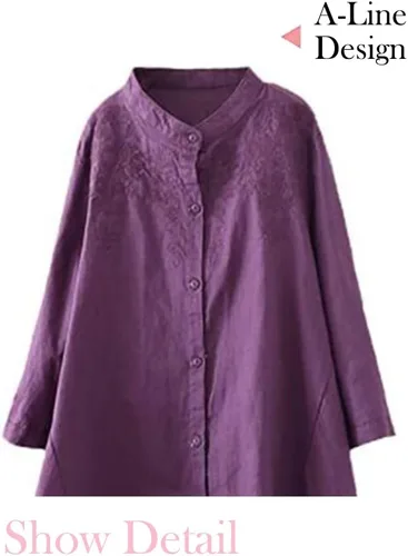 Vista 4 de Minibee Camisa de algodón y lino para mujer, blusa bordada con botones y manga larga
