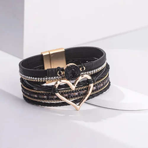 Vista 6 de FANCY SHINY Pulseras de cuero con forma de corazón, apilables, bohemias, pulseras de diamantes de imitación de resina de moda con cierre magnético