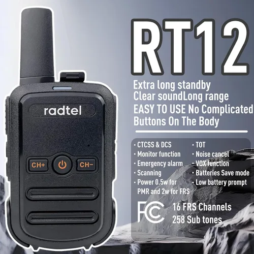 Vista 2 de Radtel RT12 Walkie Talkies para adultos recargable, paquete de 2 unidades, radio bidireccional FRS de mano de largo alcance de 16 canales, manos