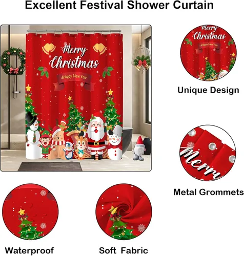 Vista 3 de Red Santa Claus Snowman Merry Christmas Happy New Year Shower Curtain for Bathroom, Holiday Xmas Bath Home Decor 72x72 Inch
