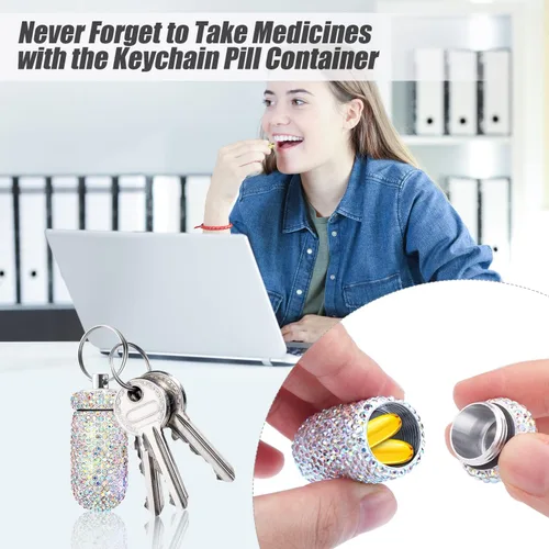 Vista 4 de Paquete de 2 pastilleros portátiles con diamantes de imitación, caja de pastillas, impermeable, organizador de medicamentos, botella con llavero