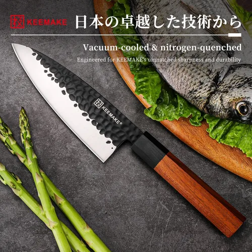 Vista 4 de Cuchillo Deba KEEMAKE de 6 pulgadas, cuchillo japonés de doble bisel de acero inoxidable 440C para pescado/filete con asa de madera octogonal G10