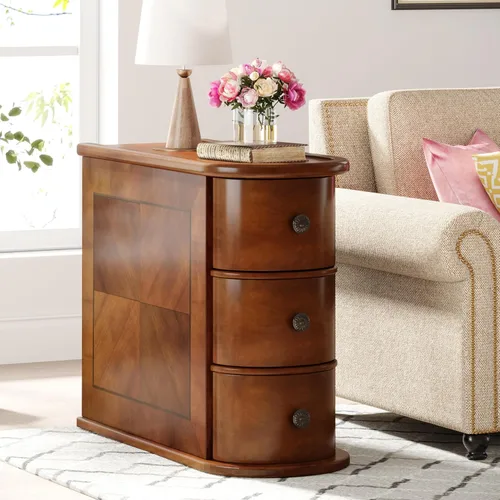Vista 12 de Mesa auxiliar de madera con 2 cajones, no requiere montaje, mesa auxiliar estrecha para sofá para sala de estar, mesita de noche delgada vintage