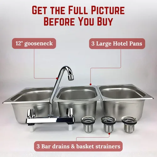 Vista 5 de Fregadero de concesión de acero inoxidable con 3 compartimentos grandes Portable 3-basin sink with 12" faucet, bar drains, and basket strainers
