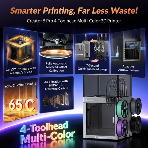 Vista 2 de FLASHFORGE Impresora 3D Creator 5 Pro, 4 cabezales de herramientas con cambiador de herramientas 7s, impresión industrial de múltiples