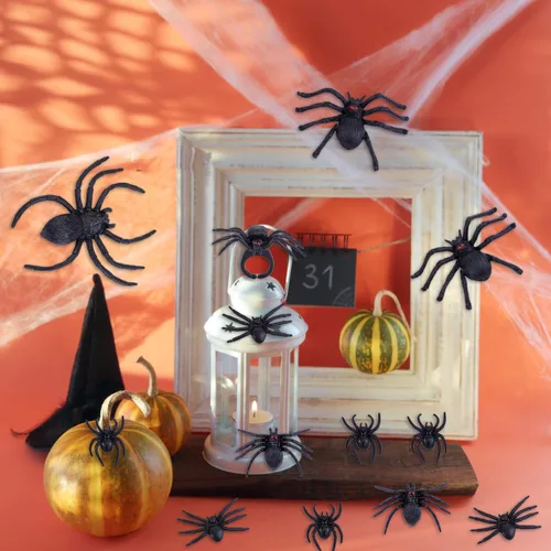 Vista 7 de JIALWEN 60 arañas de plástico realistas, juguetes de araña falsa negra y anillos de araña, juguetes de araña, accesorios de broma de Halloween