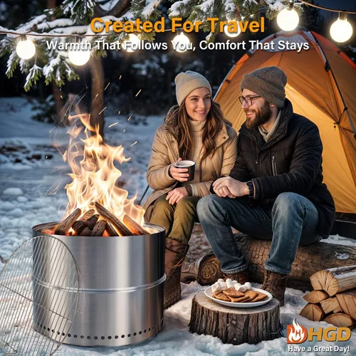 Vista 7 de HGD Chimenea sin humo de 20 pulgadas con parrilla, hoguera portátil de leña para acampar y patio trasero, chimenea de acero inoxidable al aire libre
