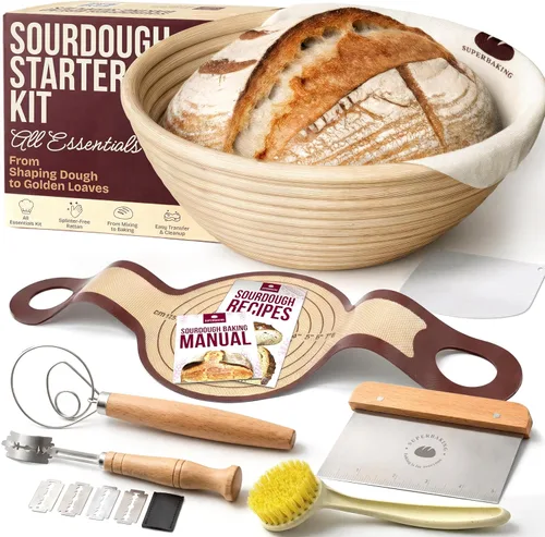 Vista 11 de Juego de cestas para fermentación de pan Superbaking Banneton de 2, cestas redondas de 22.86 cm de ratán sin astillas con forros, kit de inicio