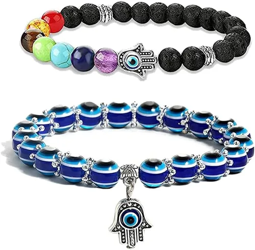 Vista 17 de 2 Pulseras elásticas con cuentas azules de ojo malvado, 7 chakras, piedra de lava, mano de Hamsa