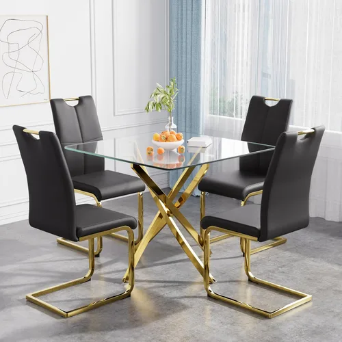 Vista 15 de Juego de mesa de comedor de 36 pulgadas para 4, moderna parte superior cuadrada de vidrio templado, mesa de patas de acero inoxidable con acabado
