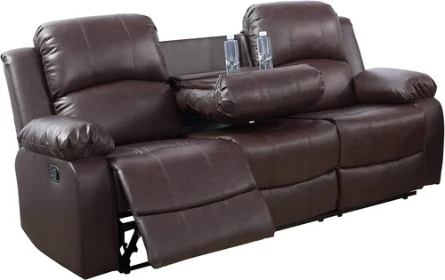 Vista 4 de Juego de sofá reclinable de 3 piezas, tapicería de cuero regenerado, reclinable manual con mesa desplegable y consola central (marrón, 3 piezas)