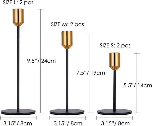 Vista 2 de Juego de 6 portavelas para velas cónicas, latón, dorado y negro, moderno portavelas decorativo para mesa, repisa, boda, comedor, fiesta