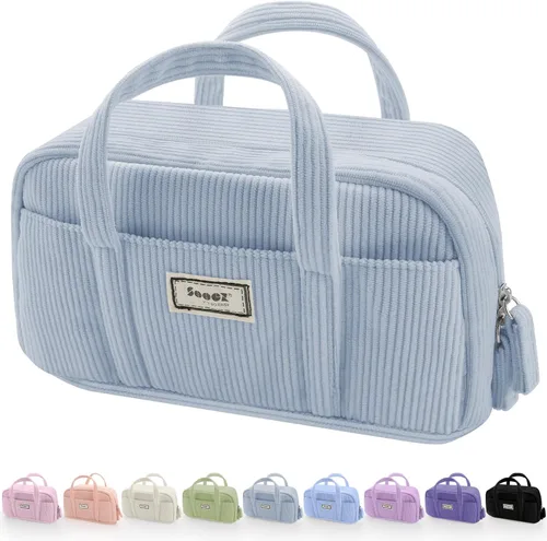 Vista 15 de Sooez Estuche grande para lápices, extra grande con 5 compartimentos, bolsa para bolígrafos de amplia apertura, organizador de pana suave con Beige