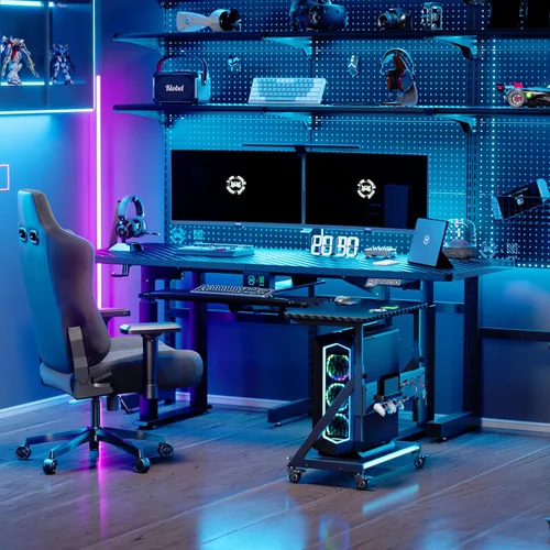 Vista 4 de Soporte de carro de torre de computadora ajustable en altura, mesa de pie para computadora portátil, soporte de impresora con ruedas bloqueables