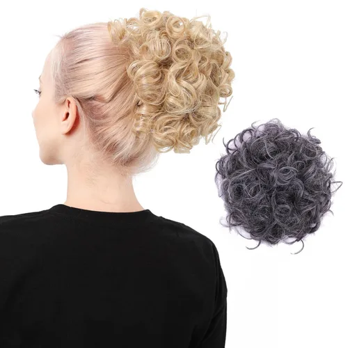 Vista 19 de Moño de cabello rizado desordenado, pieza de cabello sintético resistente al calor, extensiones de moño de cabello despeinado con cordón Updos Negro