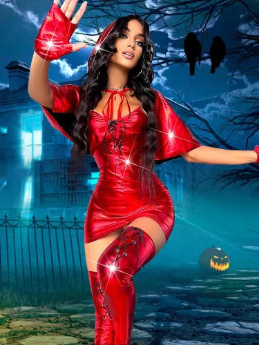 Vista 5 de Vestido sexy para mujer con capa de caballo, color rojo, 4 piezas, conjunto de disfraz de Halloween con purpurina