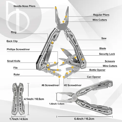 Vista 2 de BIBURY Multitools BI2043 - Alicates portátiles multiherramienta plegables con resorte con tijeras, abrelatas y destornillador, herramientas EDC