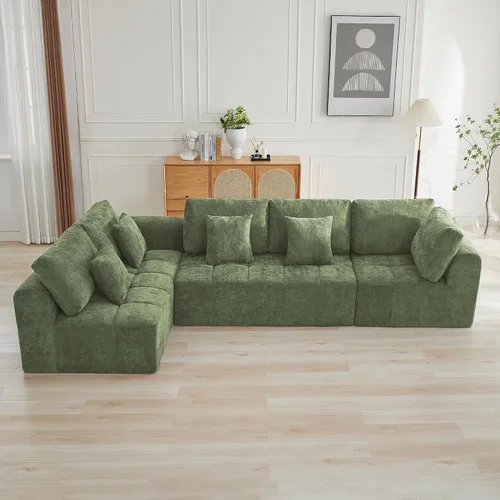 Vista 13 de Sofás seccionales modulares de 110 pulgadas para sala de estar, sofá seccional comprimido sin hueso, sofá de espuma viscoelástica tapizado de 3 Beige