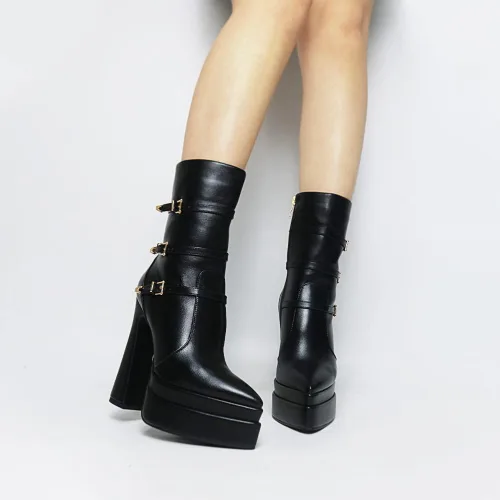 Vista 5 de Artrotter Botas de plataforma puntiaguda para mujer, botas de combate de tacón alto con cremallera de tamaño, botines de plataforma doble apilada