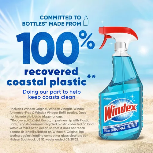 Vista 3 de Botella de Windex para limpiar vidrio y limpiador de ventanas, 100 % plástico reciclado, color azul original, 23 fl oz