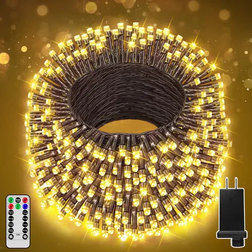 Vista 8 de 300 luces LED de Navidad de 98 pies para exteriores, luces multicolor para árbol de Navidad enchufables, 8 modos de luz parpadeante para dormitorio