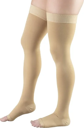 Vista 8 de Truform - Medias de compresión 30-40 mmHg para hombres y mujeres, longitud hasta el muslo, parte superior con lunares, punta abierta, color beige