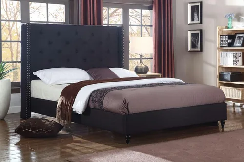 Vista 2 de Premiere Classics de Life Home. Plataforma de cama de tela de lino negra con listones, de 51' de alto. Cama completa 007, lino, Negro