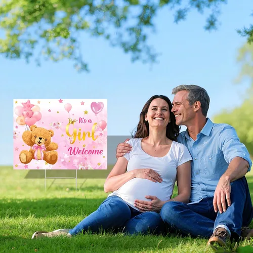 Vista 5 de Letrero de bienvenida para el patio de la niña con tema de oso lindo cartel de baby shower con estaca rosa revelación de género decoración de césped