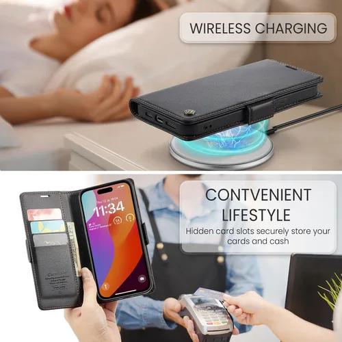 Vista 3 de Funda para iPhone 15 Pro Max, [bloqueo RFID] Funda de piel sintética tipo cartera con tarjetero y soporte para tarjetas, funda a prueba de golpes