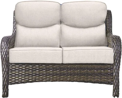 Vista 24 de Sofá Pop Patio de 2 plazas para exteriores con cojines gruesos de botones, respaldo alto, muebles de ratán de mimbre marrón resistentes y cómodos
