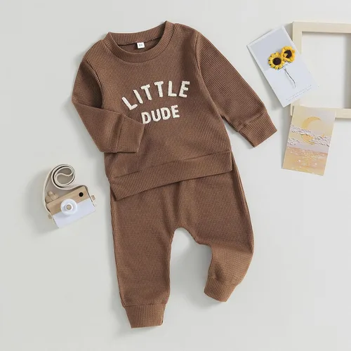 Vista 2 de Ropa para bebé niño pequeño, sudadera de manga larga con cuello redondo, pantalones casuales, 2 piezas, traje de otoño e invierno