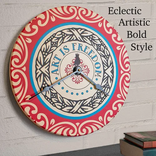 Vista 2 de Reloj de pared grande de 16 pulgadas, arte de pared ecléctico Art Nouveau a bohemio inspirado en el famoso póster Make Art Not War