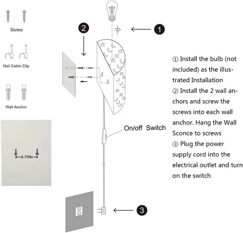 Vista 9 de Aplique de pared enchufable con estrellas y lunas para niños, lámpara de pared para habitación de bebé con interruptor de encendido/apagado de cable