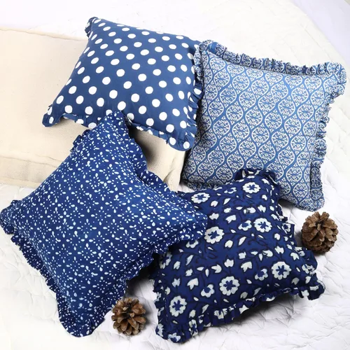 Vista 4 de Trade Star Juego de 4 fundas de almohada 100% algodón índigo, con volantes, súper suaves, altamente duraderas, hechas a mano, juego de 4 fundas