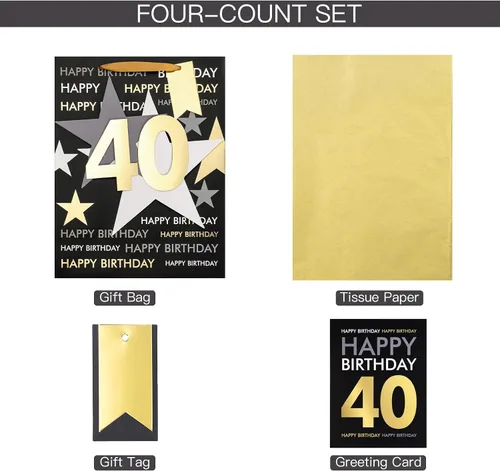Vista 6 de Loveinside Bolsa de regalo de cumpleaños con papel de seda y tarjeta de felicitación para cumpleaños 40 – 10 x 5 x 13 pulgadas, 1 unidad, oro negro