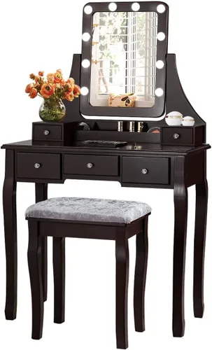 Vista 15 de CHARMAID Tocador de maquillaje con 10 luces LED, 4 cajones, estante de almacenamiento, perilla en forma de rosa, tocador de maquillaje