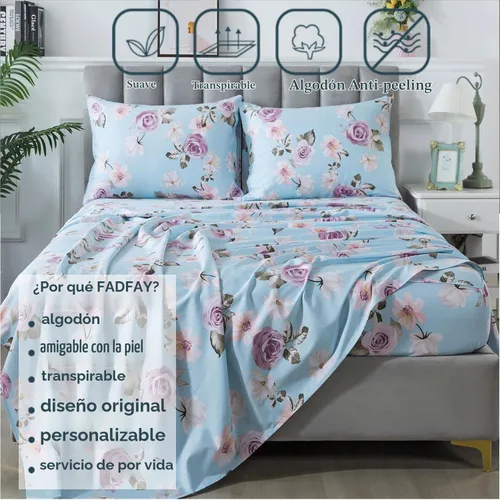 Vista 2 de FADFAY Juego de sábanas tamaño King, sábanas de algodón percal rosa floral con bolsillo profundo, ropa de cama vintage lujosa azul con estampado