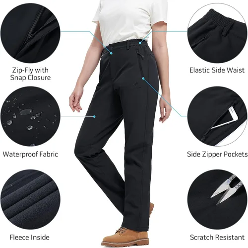 Vista 6 de GOLDEN CAMEL Pantalones de senderismo Softshell para mujer, impermeables, resistentes al viento, pantalones de esquí de invierno con forro polar