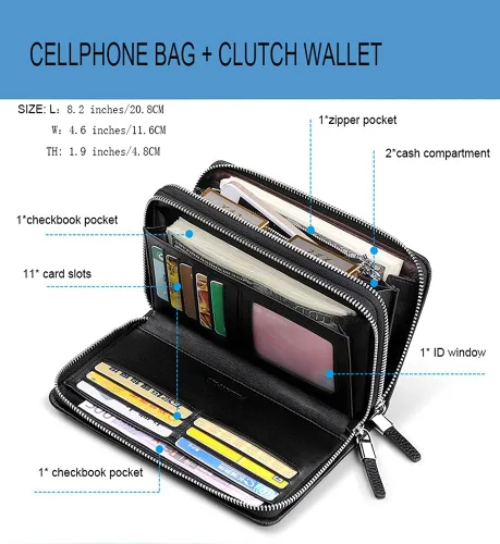 Vista 2 de Carteras de cuero para hombre con doble cremallera, Azul, Cartera de viaje