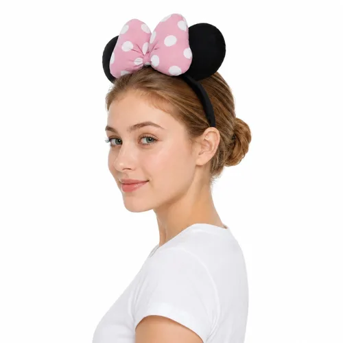 Vista 2 de Diadema de terciopelo con orejas de ratón con lazo de algodón 3D, banda para el pelo de moda para mujeres y niñas (algodón 3D rosa)