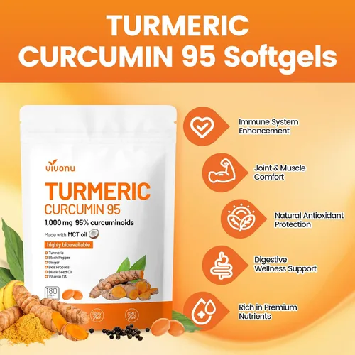 Vista 2 de VivoNu Suplemento de curcumina de cúrcuma con cápsulas de pimienta negra, 1000 mg de cúrcuma pura, curcumina 95% curcuminoides, absorción mejorada