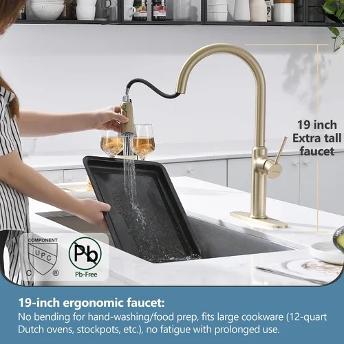 Vista 5 de Grifos para fregadero de cocina, oro cepillado, grifo de cocina de arco alto con rociador extraíble, grifos de cocina altos de latón macizo de 19
