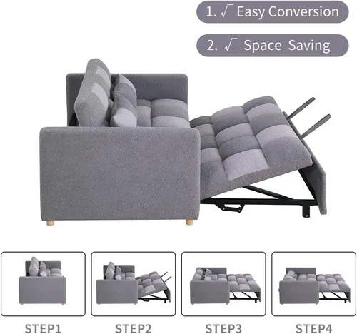 Vista 10 de Sofá cama biplaza, sofá cama convertible 3 en 1, sofá cama extraíble con respaldo ajustable, sillón multifuncional con tela de peluche para sala