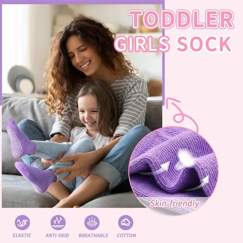 Vista 4 de HYCLES Calcetines para niña, 12 pares de calcetines antideslizantes para niñas de 1 a 7 años