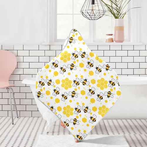 Vista 7 de Honey Bees - Toalla de baño para niños y niñas, color amarillo, abejorro, colmena, con capucha, toallas para recién nacidos, de algodón orgánico