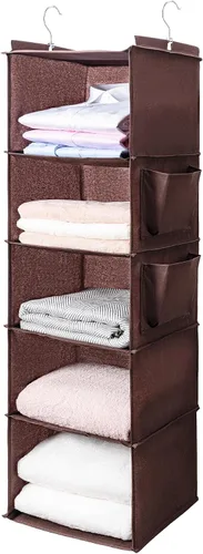 Vista 12 de BOOMIBOO Organizador de armario colgante y estantes, 5 estantes colgantes con 2 bolsillos laterales, almacenamiento plegable (beige)