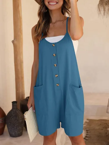 Vista 3 de DEEP SELF Mameluco de verano para mujer, sin mangas, con tirantes delgados, botones y pierna ancha, pantalones cortos casuales sueltos con bolsillos